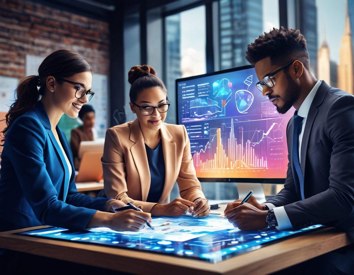 A dynamic workspace showcasing diverse professionals creatively engaging with innovative technology tools. Visualize a glowing interface filled with app icons symbolizing growth and potential, surrounded by vibrant diagrams and charts illustrating business success. Incorporate elements of collaboration, diversity, and inspiration, with a futuristic cityscape in the background signifying progress. super-realistic. vibrant colors. bright background.