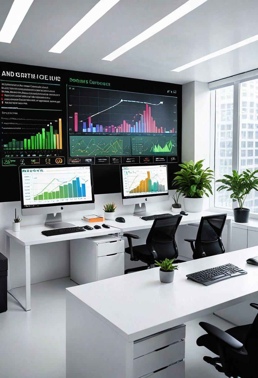 A dynamic transformation scene depicting a business office with modern technology and innovative tools. Show diverse professionals collaborating over digital screens, showcasing graphs and progress. Incorporate symbols of growth like plants or rising arrows and vibrant colors to evoke energy and creativity. Highlight the essence of innovation with futuristic gadgets and a sleek, modern design. super-realistic. vibrant colors. white background.