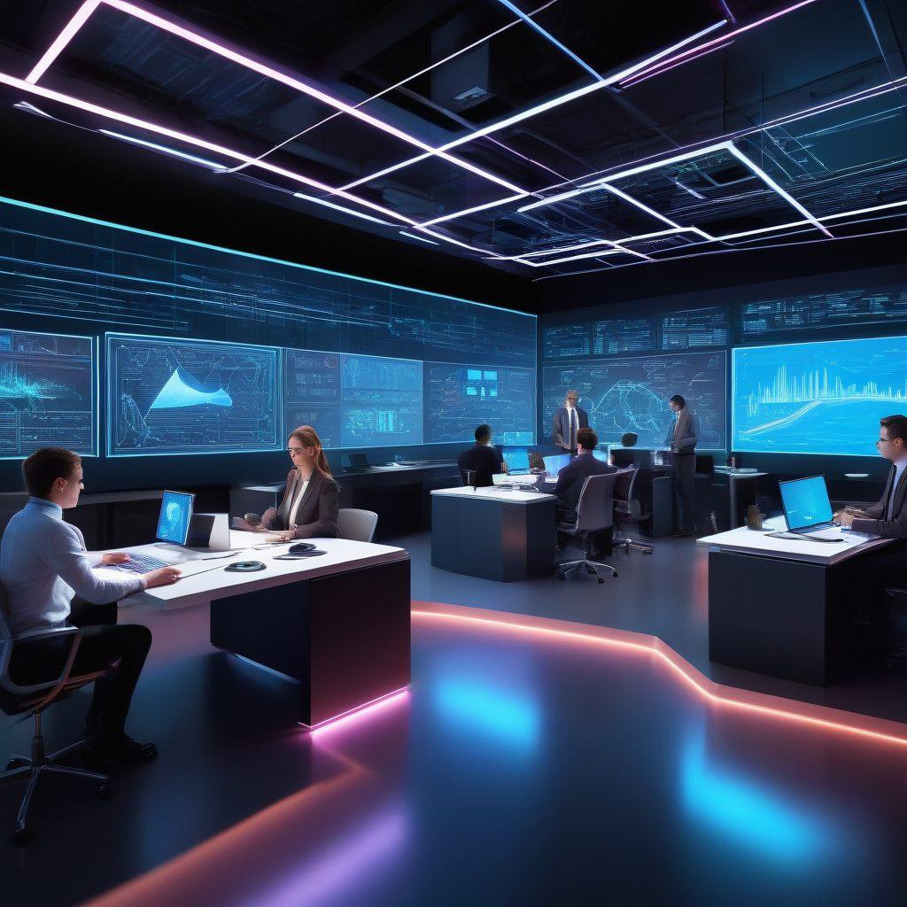 A futuristic office environment showcasing advanced technology and collaboration tools, depicting a diverse team brainstorming around a holographic display with vibrant graphs and data visualizations. Dynamic elements like flowing circuits and gears symbolize workflow automation, highlighting productivity and innovation. Overlaying the scene, glowing lines illustrate integration pathways connecting different services. super-realistic. vibrant colors. 3D.
